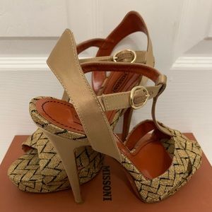 Missoni Gold/Black Knit Fabric And Satin T-Strap Platform Sandals. Worn once